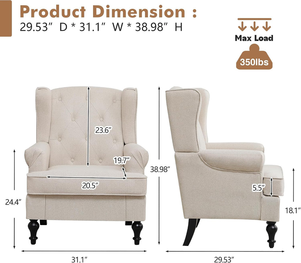 Accent Chair Set of 2, Mid Century Modern Fabric Wingback Chair, Upholstered Armchair with High Back and Vintage
