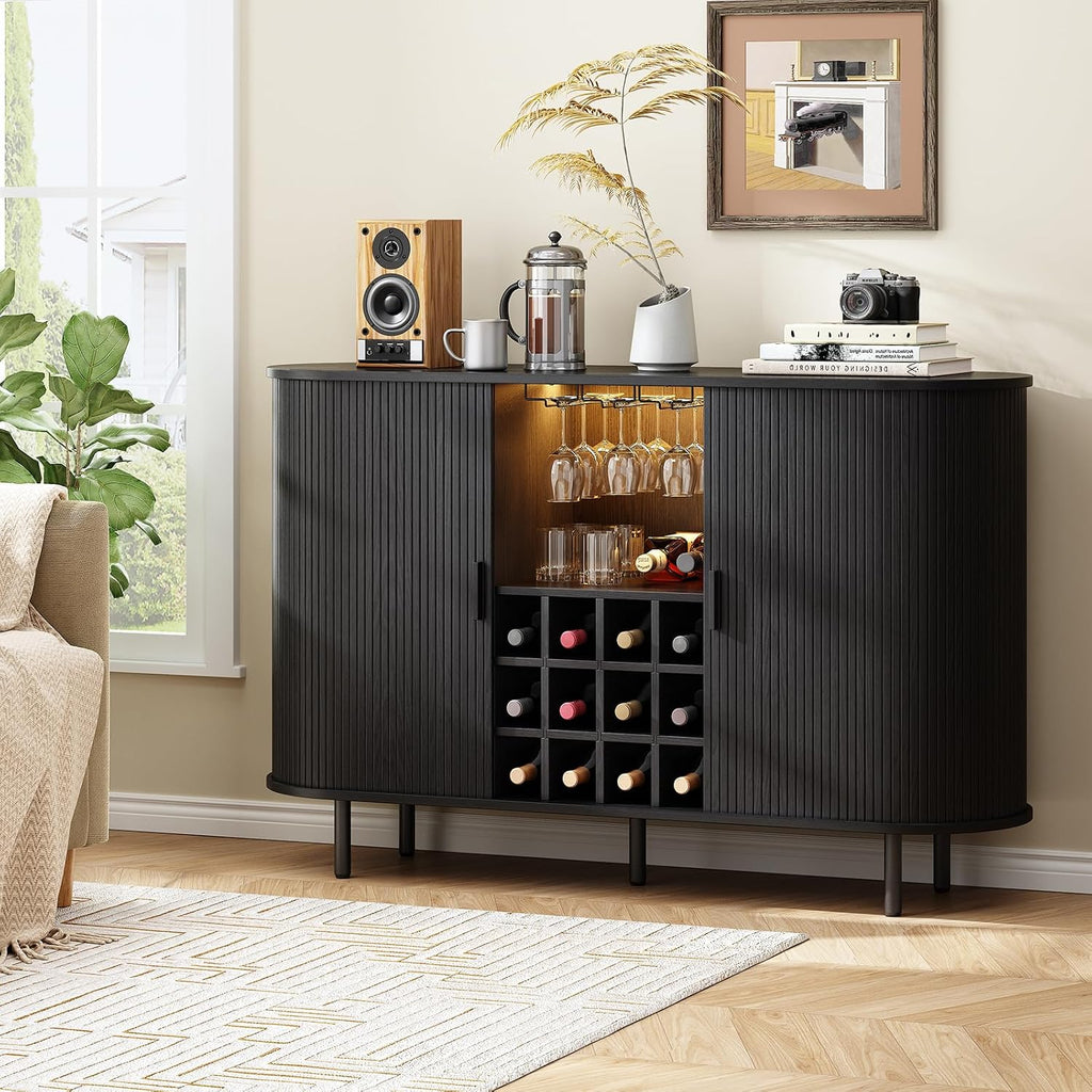 55" Fluted Wine Bar Cabinet with LED Light Black | Liquor Coffee Bar Cabinet, with Wine Rack and Glass Holder