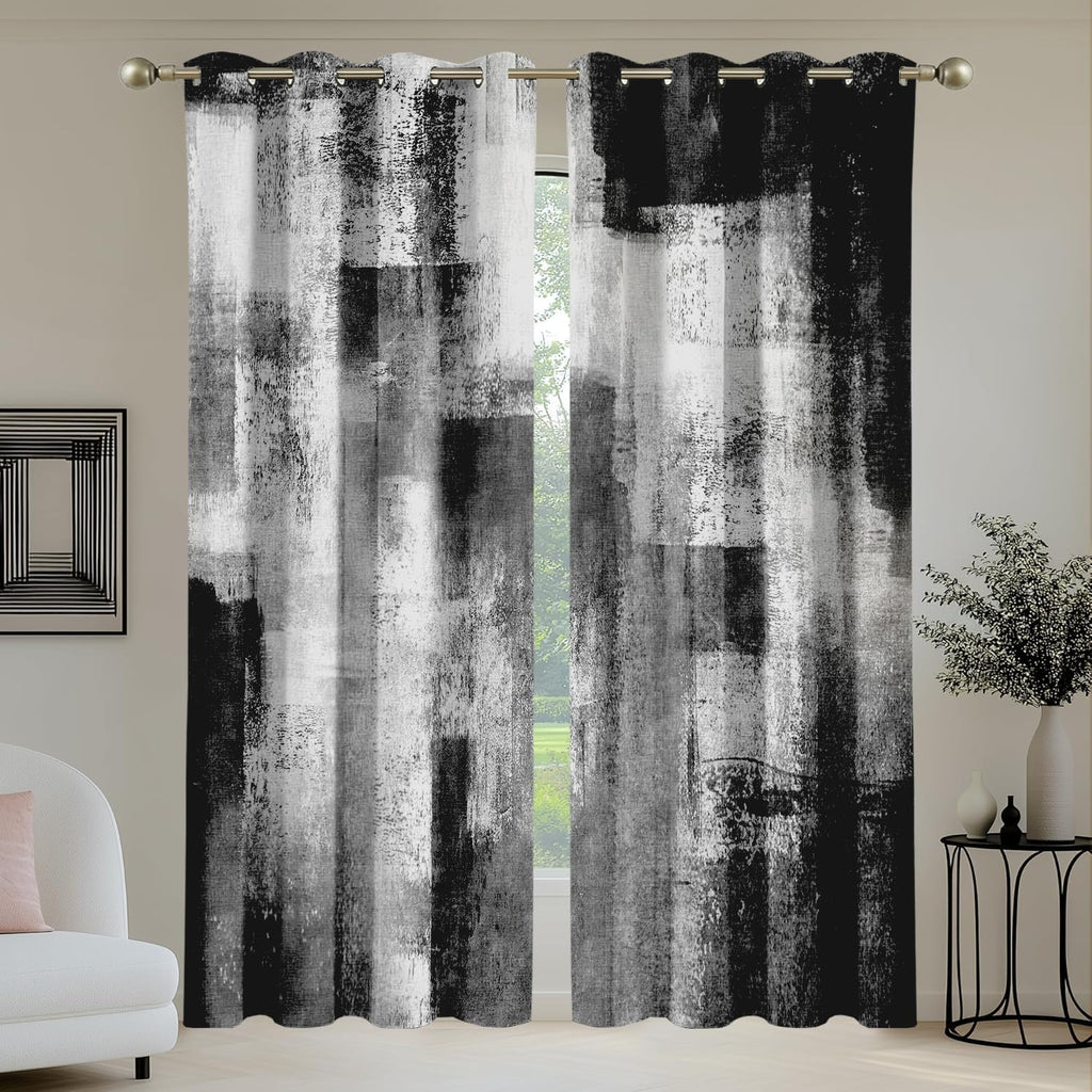 100% Blackout Curtains,Black and Gray Abstract Blackout Curtains 84 Inches Long,Grey Black White Full Room Darkening