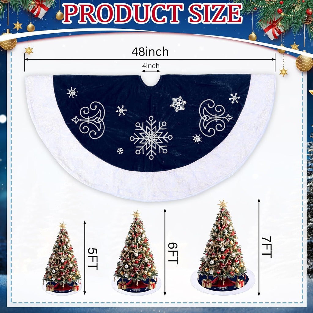 48inch Christmas Tree Skirt Navy Blue Luxury Velvet Plush Fur Skirts Snow Sequin Embroidery Tree Skirts with White