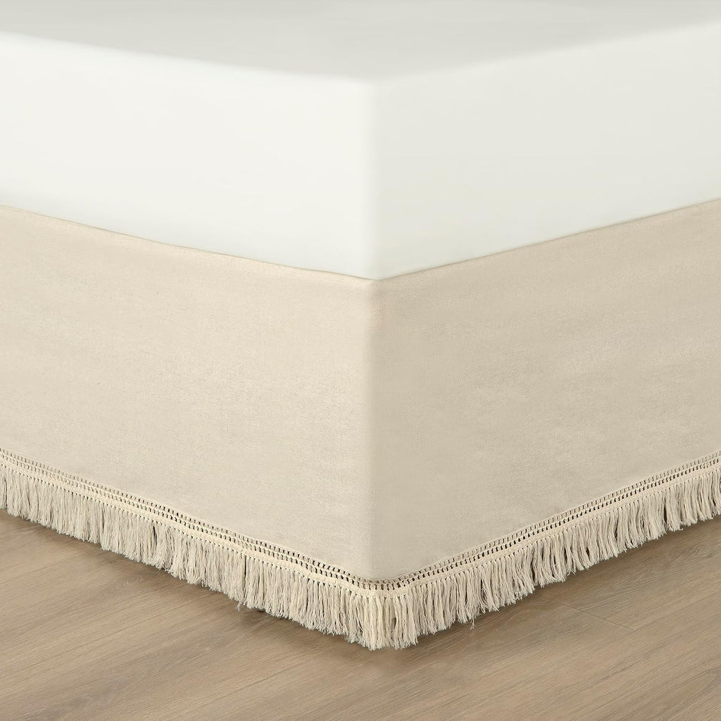 Boho Fringe 15-Inch Tailored Drop Easy Fit Bed Skirt King Size Single 78" W x 80" L +15" Neutral - King Bed Skirt