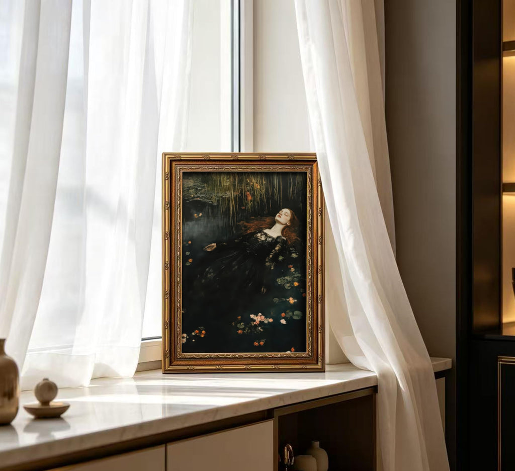 Vintage Gold Framed Ophelia Wall Art, Victorian Gothic Oil Painting Canvas Print, Classic Dark Academia Aesthetic Wall