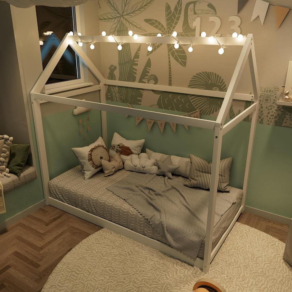 House Bed Frame with LED Lights, Solid Wood Montessori Floor Bed, Low Platform Kids Play House Bed for Boys