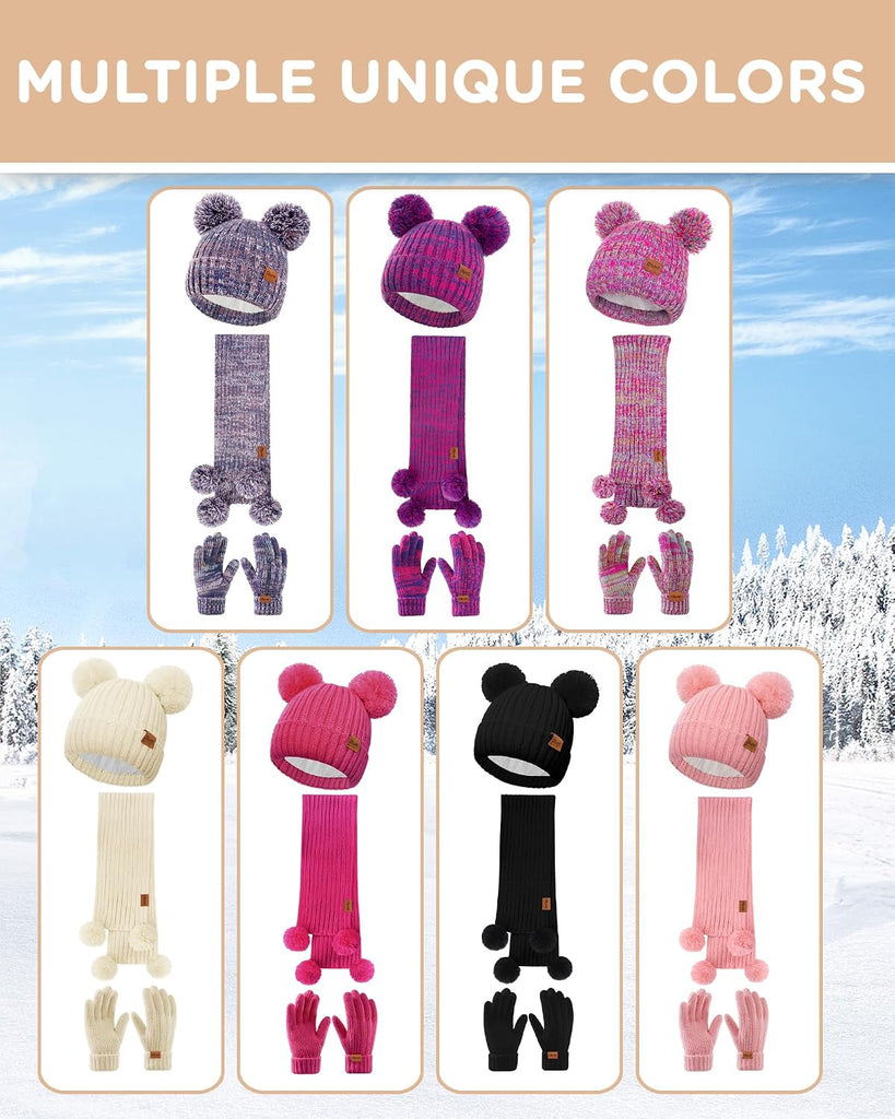 Kids Winter Hat Gloves Scarf Set, Knit Neck Warmer for Boys Girls Beanie & Mittens with 2 Sizes ( & )
