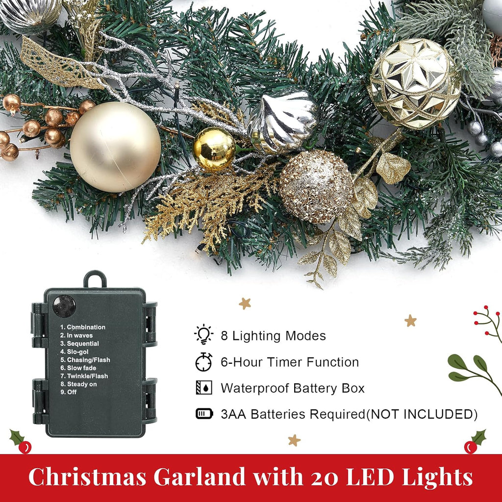 6ft Battery Operated Christmas Garland with 20 LED Lights & Timer, Pre-Lit Artificial Garland for Mantle, Staircase