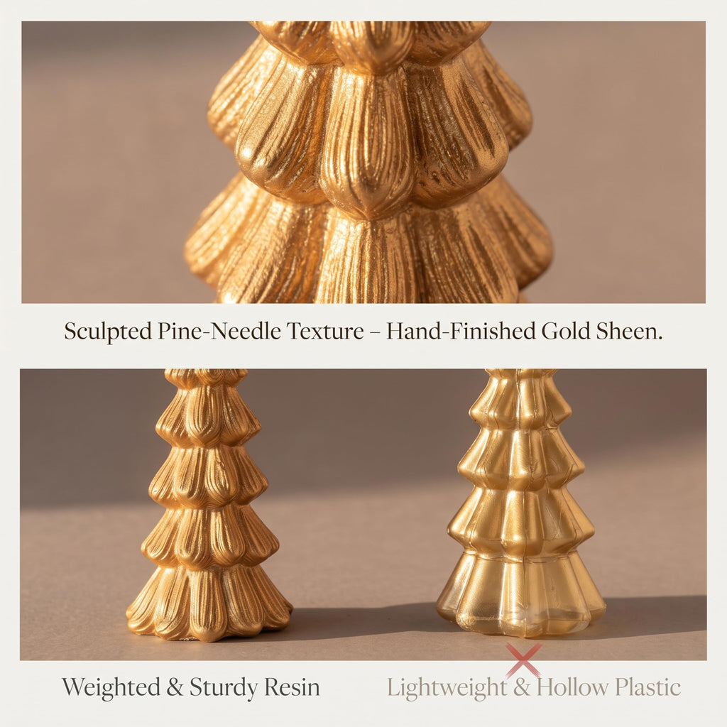 Gold Christmas Tree Decorations, 2Pcs Resin Tabletop Xmas Tree Figurines