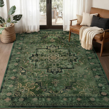 Vintage Dark Green Area Rugs 5x7, Tranditional Distressed Medallion Printed Low Pile Thin Rugs, Non Slip Washable