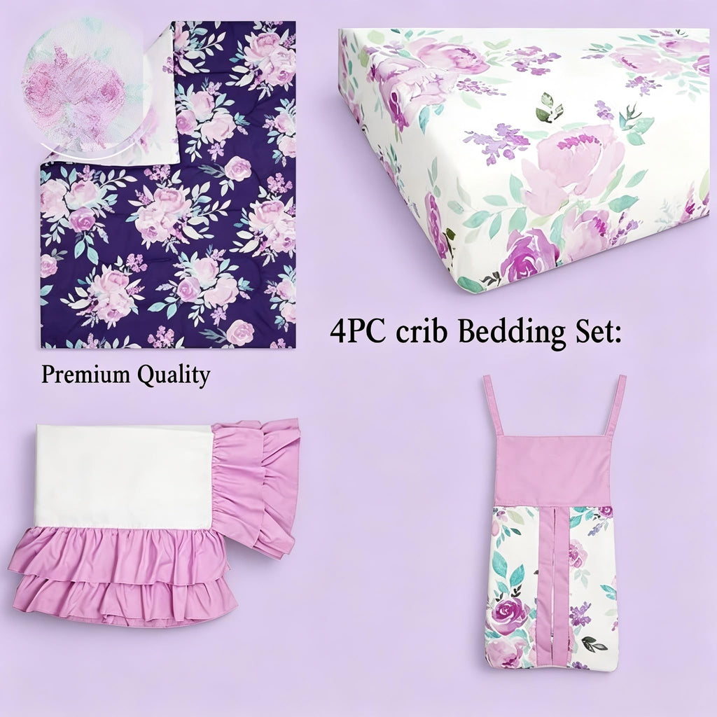 4 Piece Crib Bedding Set for Girls, Purple Flower Quilt, Crib Skirt, Diaper Stacker, Soft Microfiber Comforter, Cotton