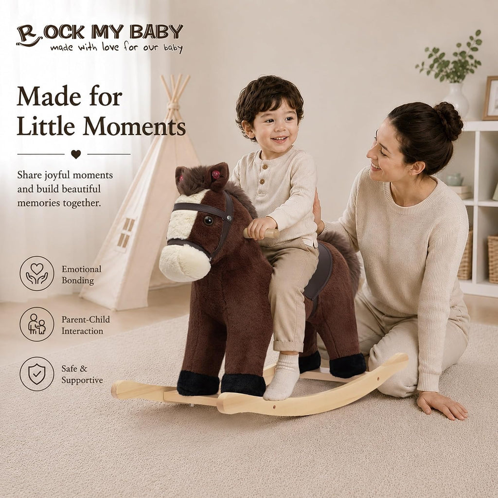 My Baby Rocking Horse, Dark Brown Horse Rocker for Toddlers 18M+, Plush Ride on Horse Toy with Realistic Sound,Soft