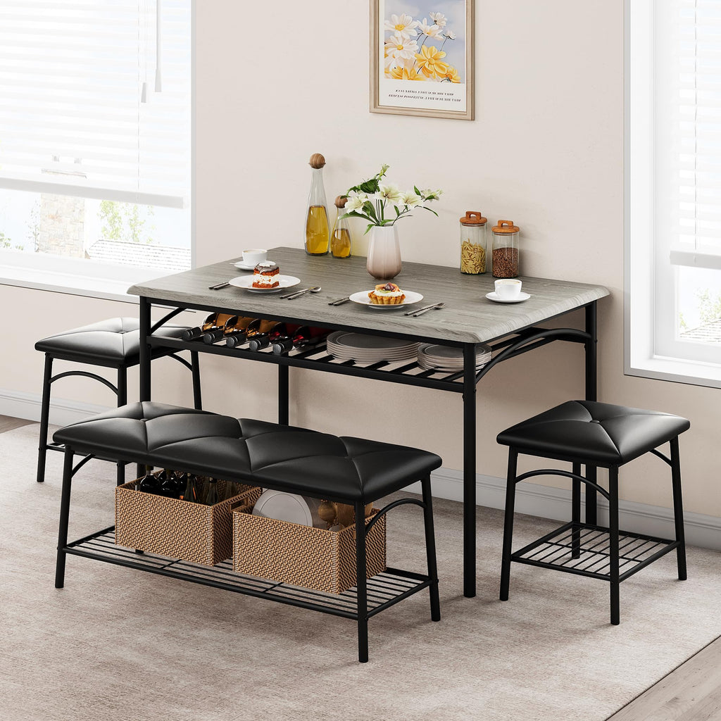 Dining Table with Benches, Kitchen Table Set for 4, Dining Room Table Set with Upholstered Bench and Square Stools