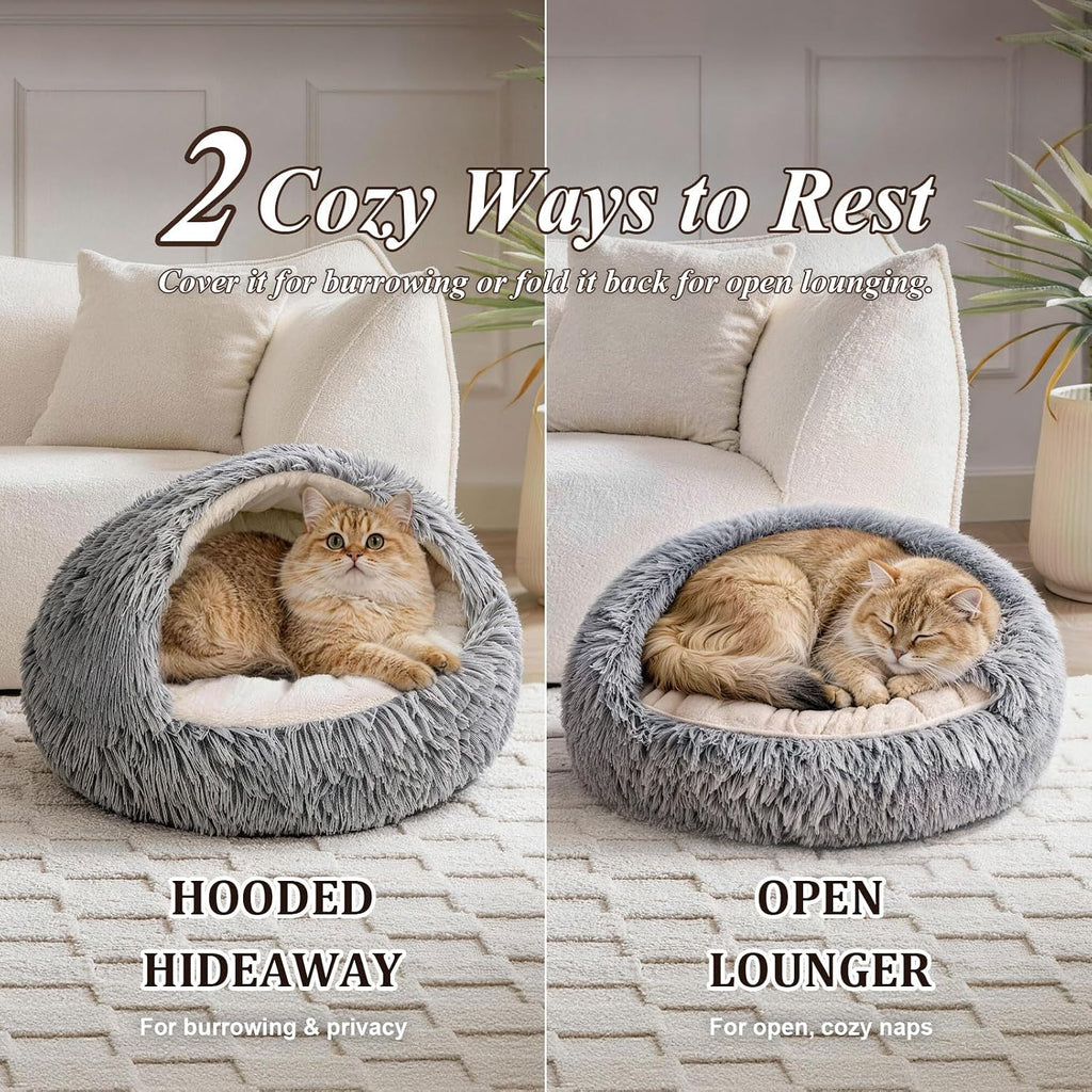 Cat Bed for Indoor Cats, 20-Inch Plush Hooded Bed with Cover, Light grey