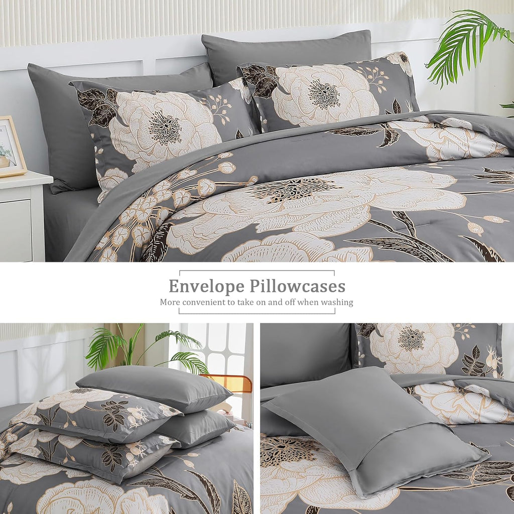 Luxudecor Floral King Comforter Set 7 Pieces Bed in a Bag, White Flower Print on Grey Bedding Set