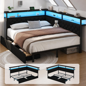 Queen Corner Bed Frame with Storage Headboard & Drawers, Metal Daybed with USB Charging Station, LED Queen Size Bed