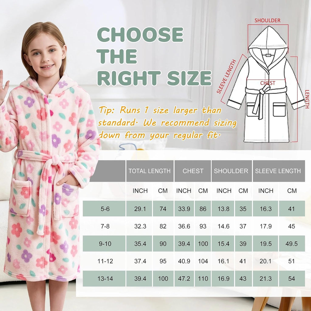 Girls Fleece Robe Hooded, Soft Plush Kids Bathrobe