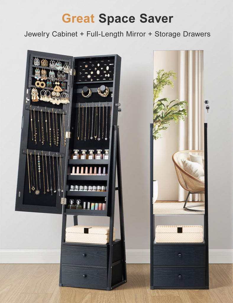 Jewelry Cabinet Armoire, 2 Drawers, Full Length Mirror, Black