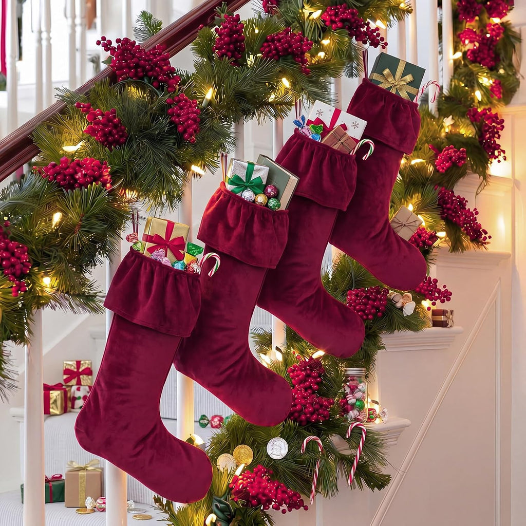 Inch Burgundy Velvet Christmas Stockings Ruffled Cuff - Set of 4