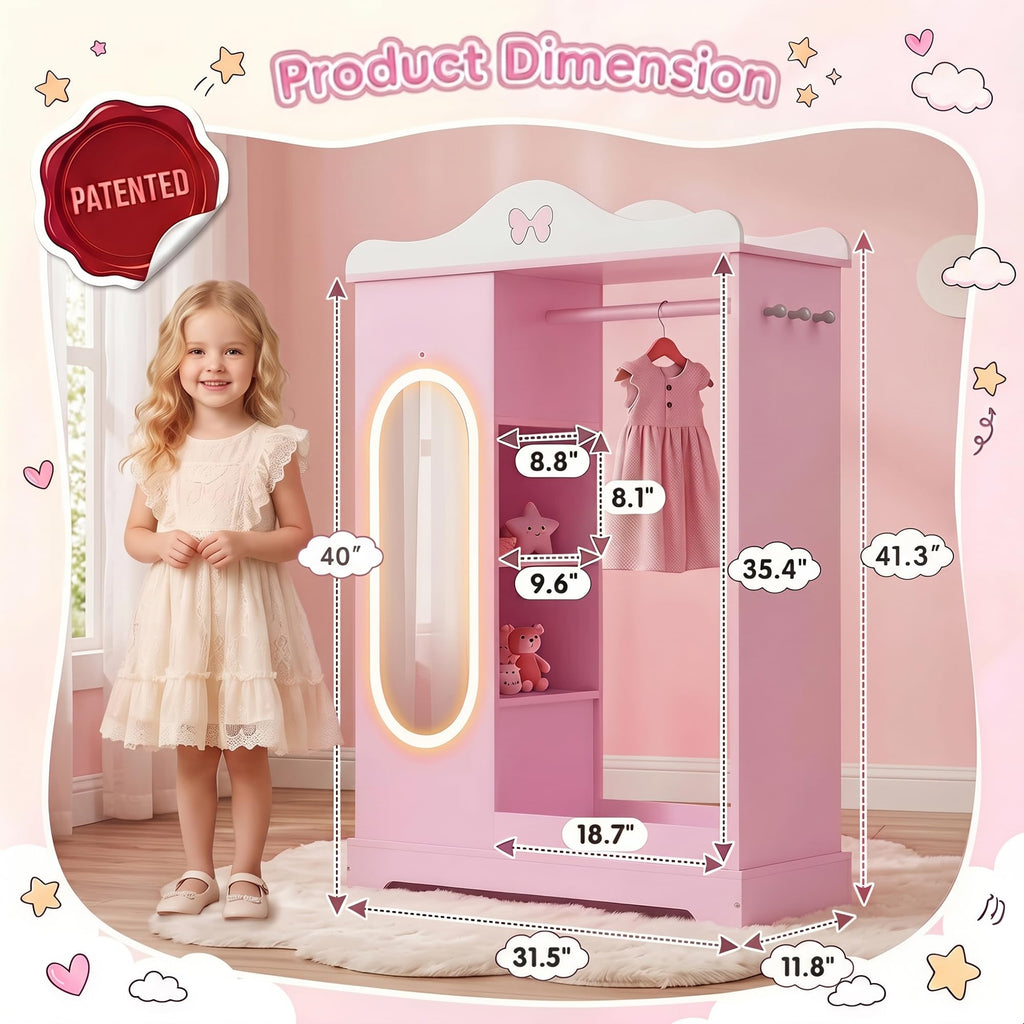 Kids Dress Up Storage with Lighted Mirror, Open Hanging Armoire, Pink