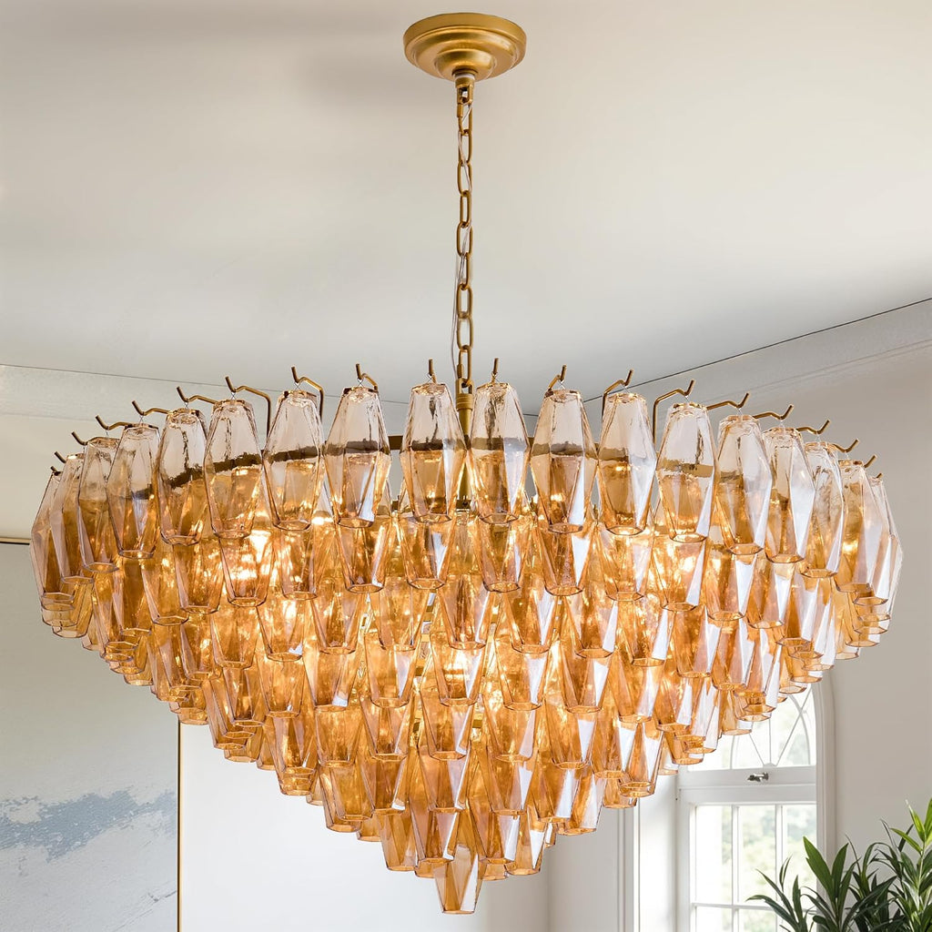 37" Extra Large Chandelier, 14-Light Gold Modern Round Chandelier for Living Room, Tiered Smoke Blown Glass Brass Chandeliers, Hanging Light Fixture for Bedroom, Dining Room, Foyer, Entryway A118-B0DQLHDP4D