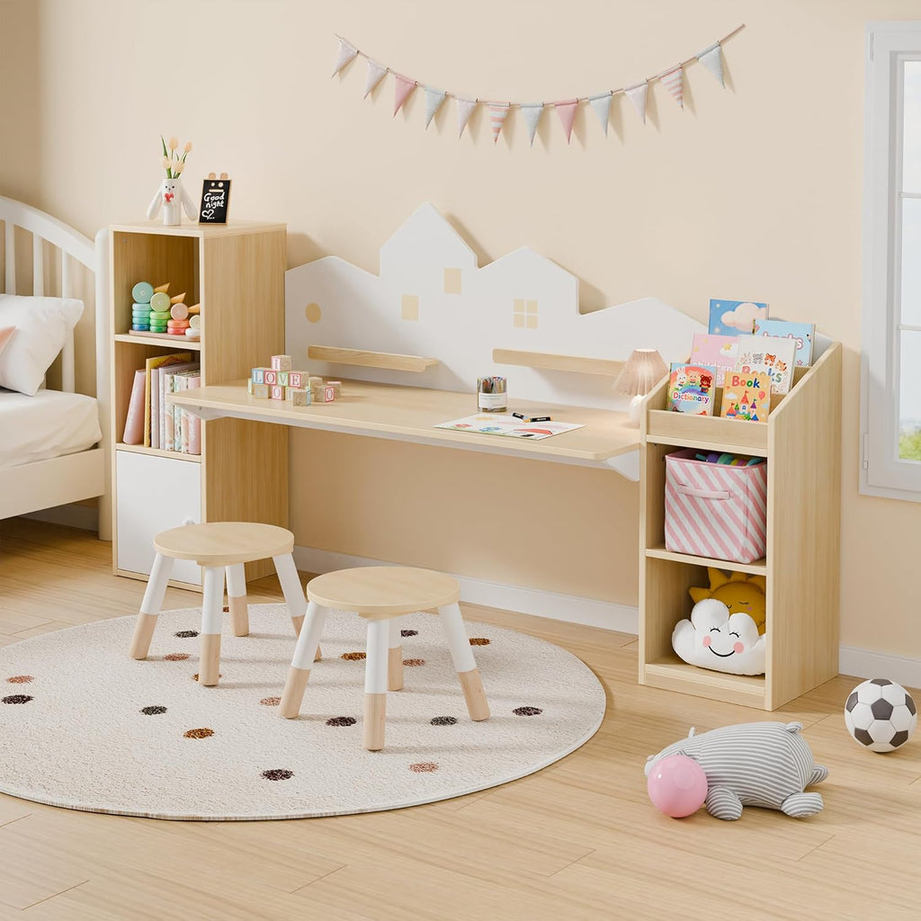 Kids Desk with Bookshelves and 2 Stools, Wooden Kids Desk and Chair Set with 5 Storage Cabinets, Children Writing