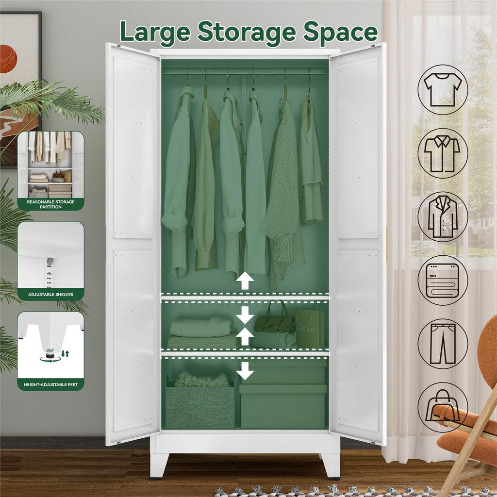 Metal Wardrobe Closet with Doors and Shelves, 71" Farmhouse Bedroom Armoire with Hanger Rod and Clothing Shelf, White