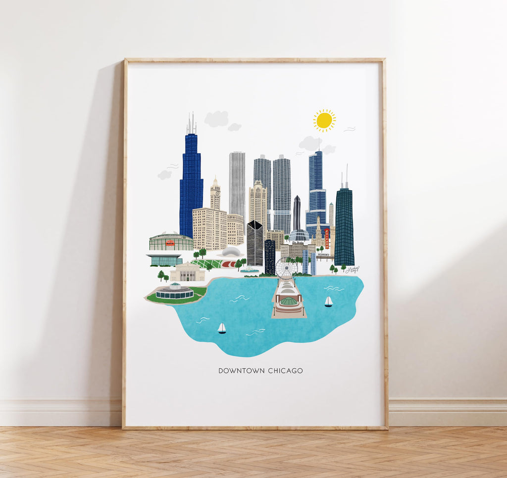 Chicago City Skyline Print 12x16 | Wall | Illustration | Buildings | Downtown | Cityscape | Illinois | Trendy