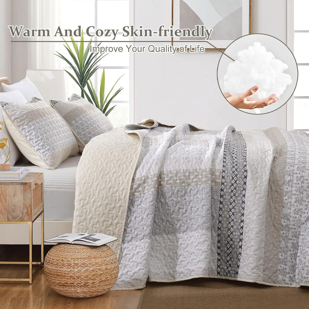 Beige Quilt Queen, Bohemian Stripe Quilt Sets 3 Pieces Beige Boho Quilted Bedspread Set Lightweight Microfiber