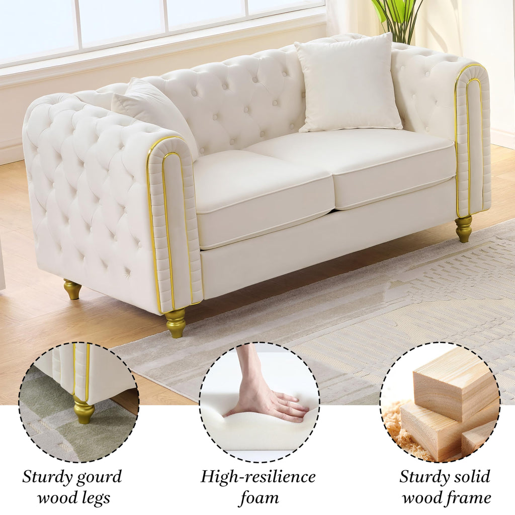 Chesterfield 63" Loveseat White Velvet Sofa, 2-Seater Couch Comfy Velvet Sofa, Button Tufted Rolled Arms and Gold