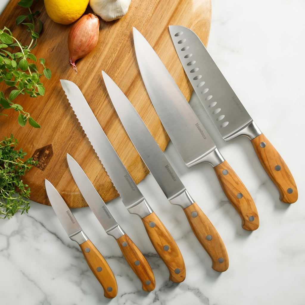 Kitchen Knife Block Set - 7 Piece Italian Olive Wood German Forged Stainless Steel Knives - Two Time Oprah's Favorite