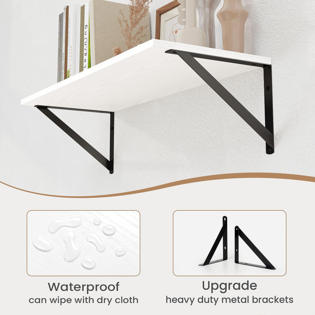 White Deep Floating Shelves for Wall, 24W x 8D Wood Wall Shelves Set of 2, Wide Floating Bookshelf and Decor Storage