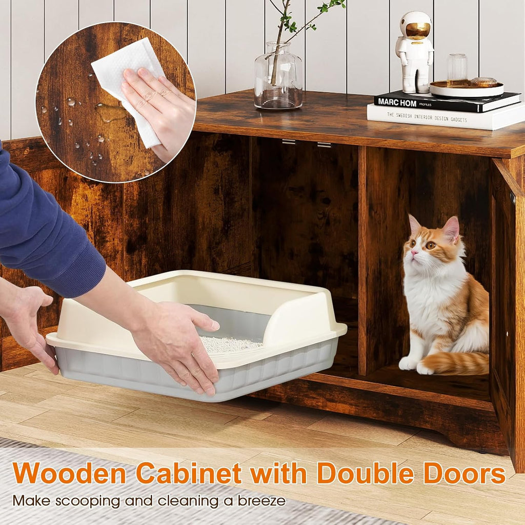 Cat Litter Box Enclosure, Modern Hidden Litter Box Furniture with Double Doors, Side Entry, Cat House, Side End