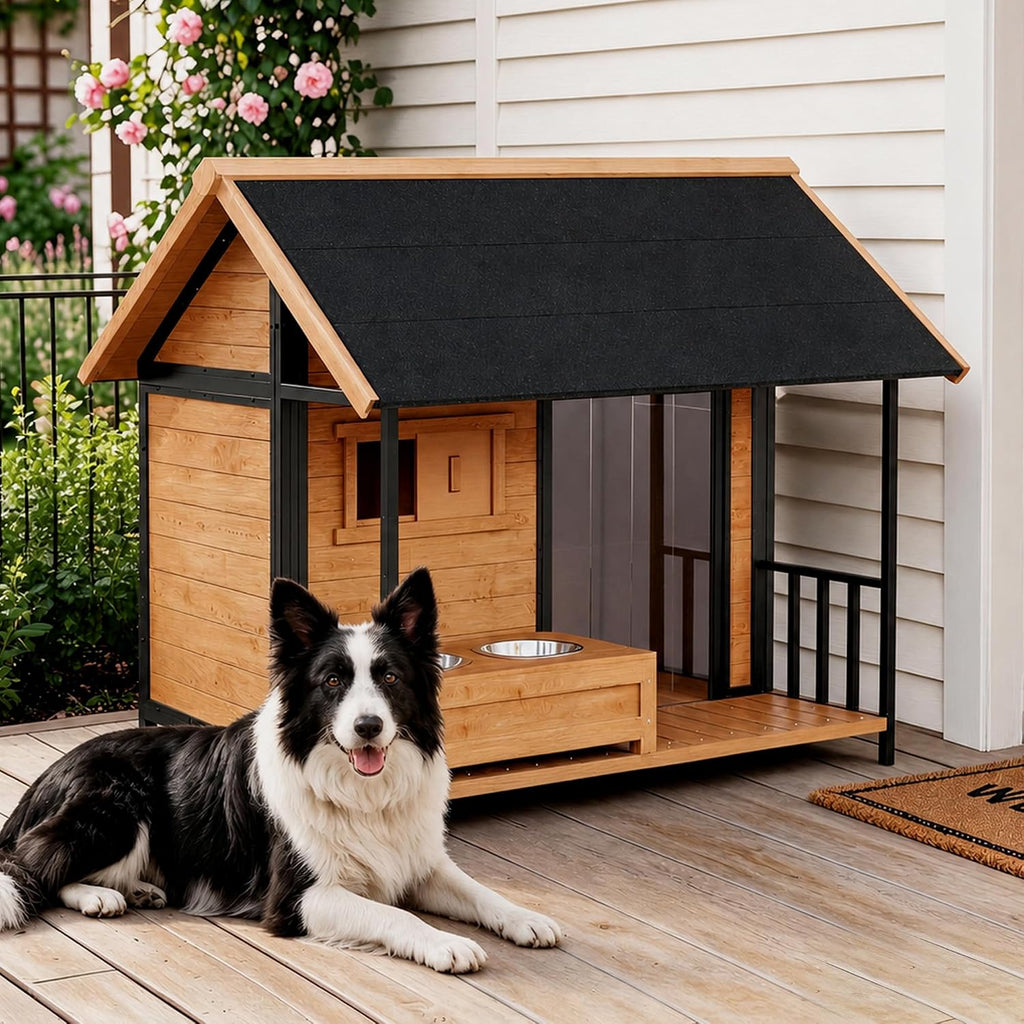 Large Outdoor Dog House with Porch & Dog Bowls for Large Dogs