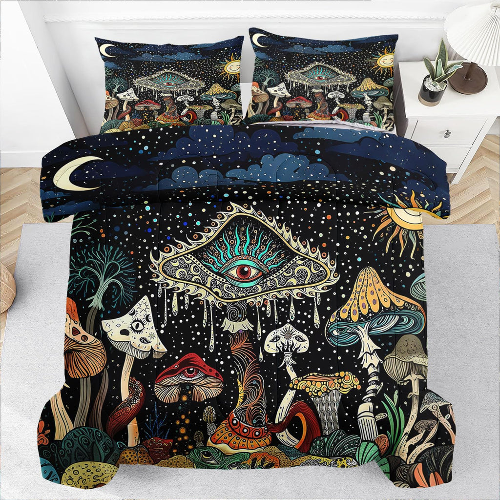 Mushroom Comforter Set Queen Green, Hippie Bedding Sets Queen, Goth Comforter Boho Style Queen Size Quilt