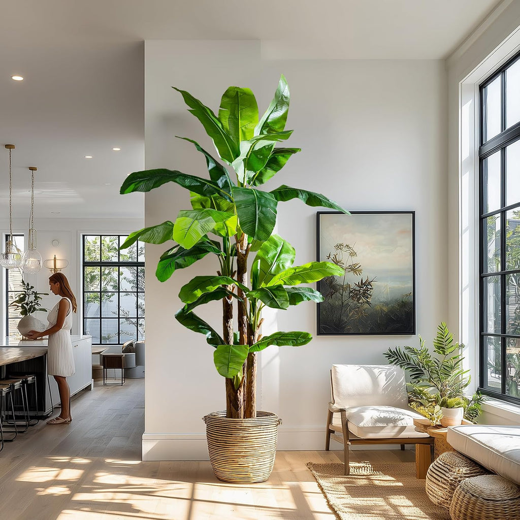 Banana Tree 9ft, Faux Tropical Palm Tree Plant with Realistic Leaves, Low Maintenance Indoor Outdoor Decor Porch, Pot