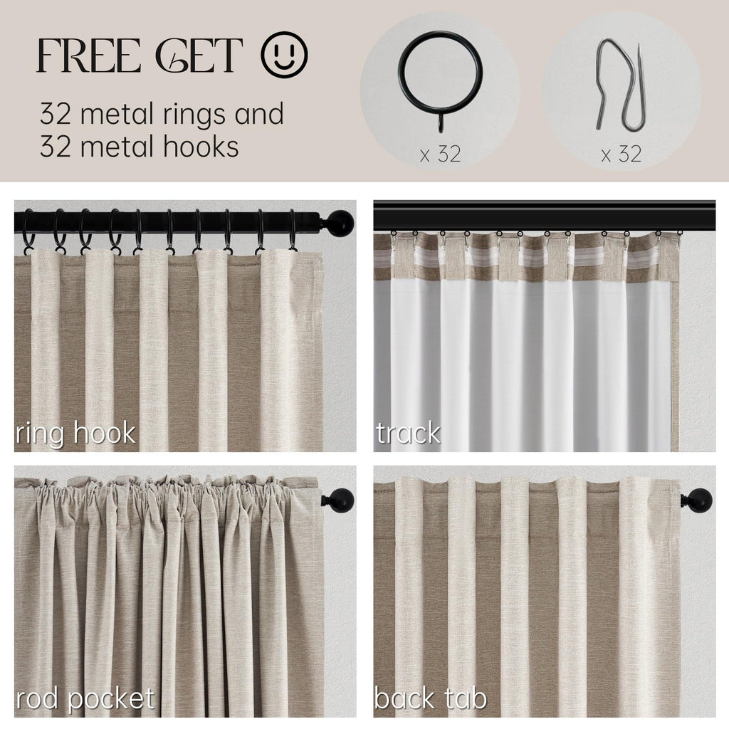 105 Inches Long Blackout Natural Linen Curtains, Rustic Brown Pinch Pleat Sound Blocking Curtains, Neutral Farmhouse