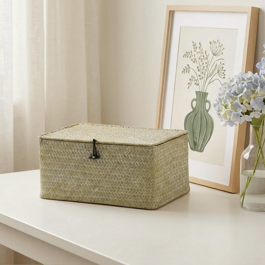 Wicker Storage Basket with Lid, Seagrass Shelf Basket Set of 3, White