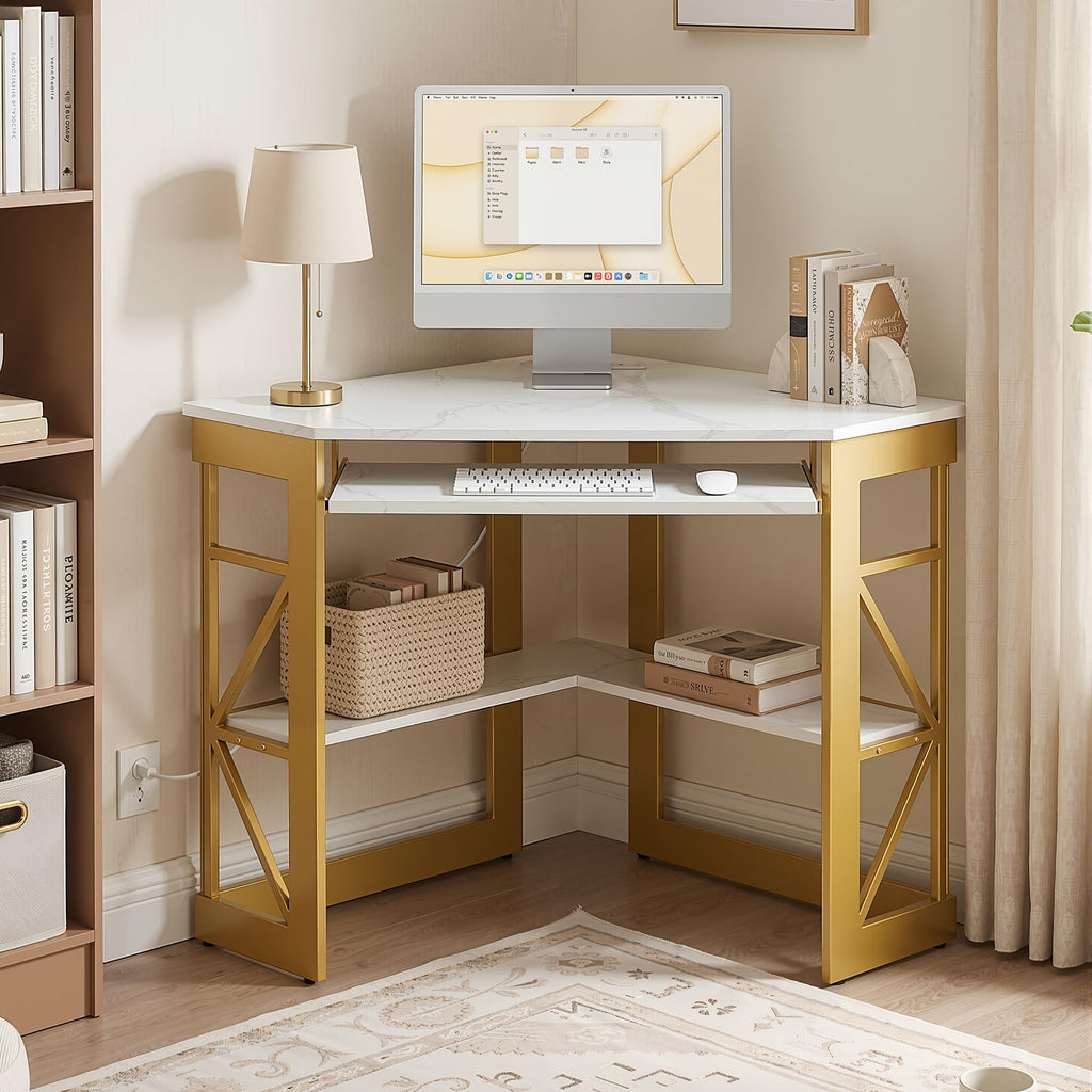 Corner Desk, Triangle Computer Desk for Small Space with Charging Station and Keyboard Tray, Corner Makeup Table with
