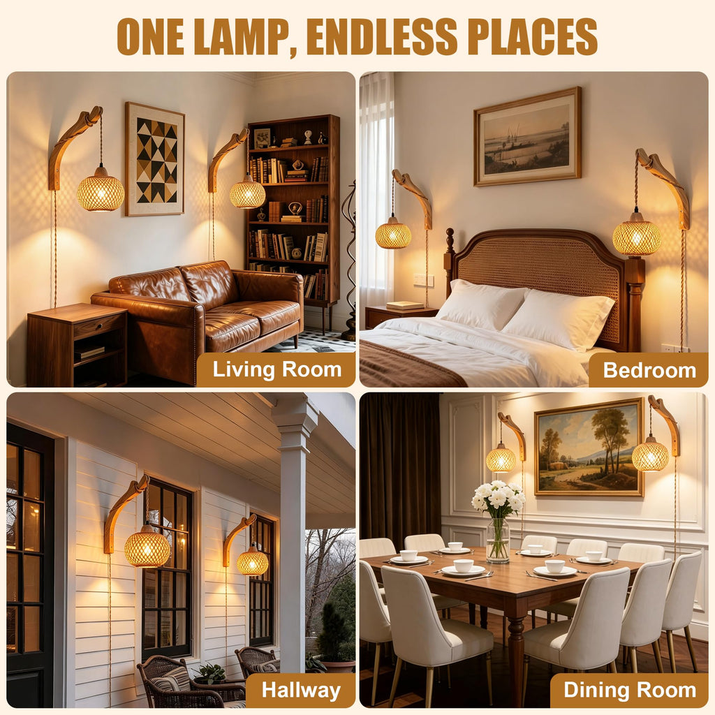 Bamboo Lantern Plug in Wall Sconces Wicker Wall Lamp with Plug in Cord Hand Woven Rattan Wall Light Farmhouse Rustic