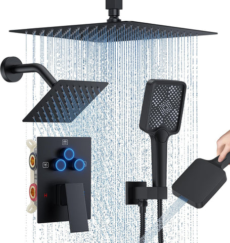 Shower Faucet Set, 12" Ceiling Mount Rainfall Shower System with 12'' Top Head+6'' Side Head and Multi-function