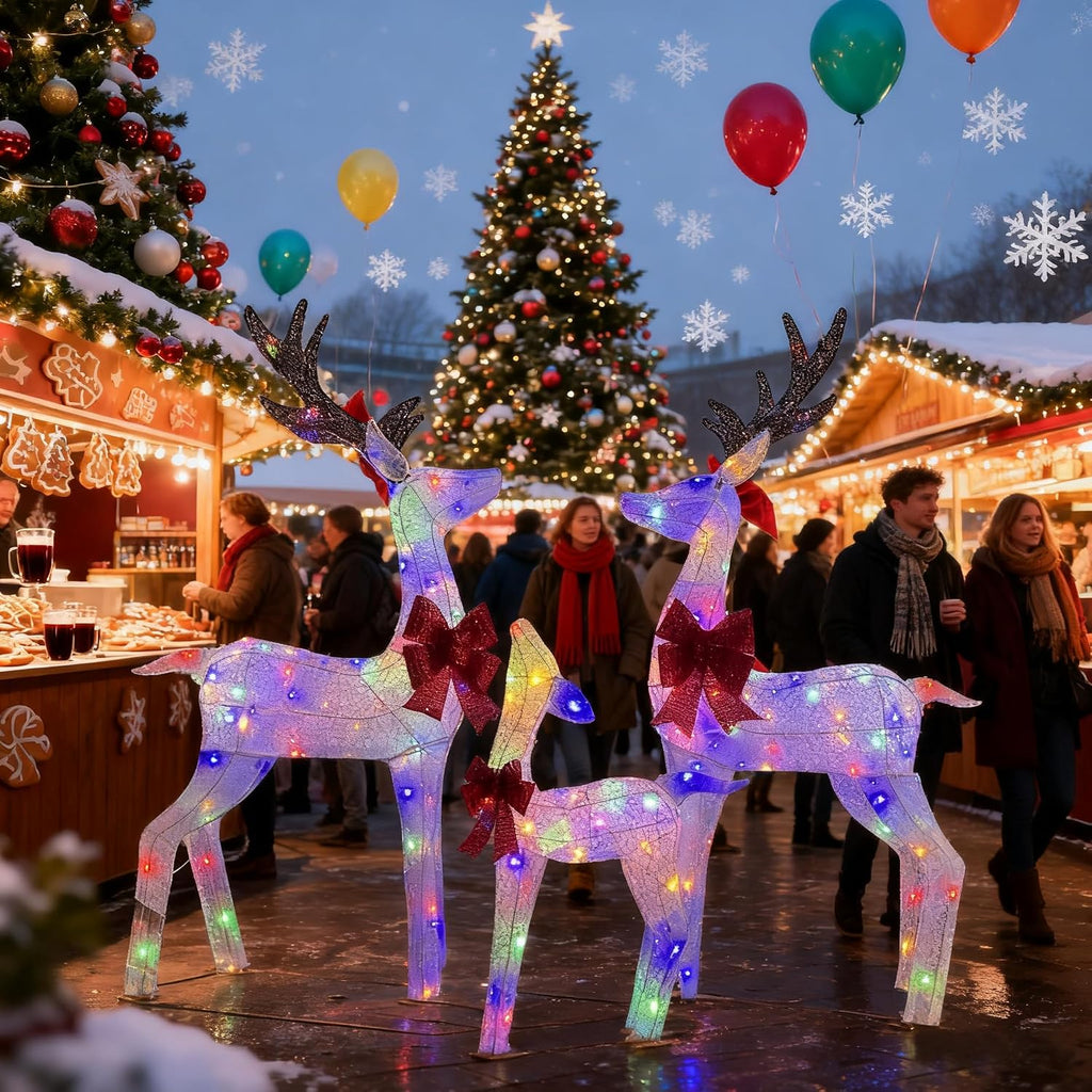 3-Piece Pre-Lit 3D Reindeer Family Decor, Outdoor Christmas Deer Set with Cool White & Colorful LED Lights,Waterproof