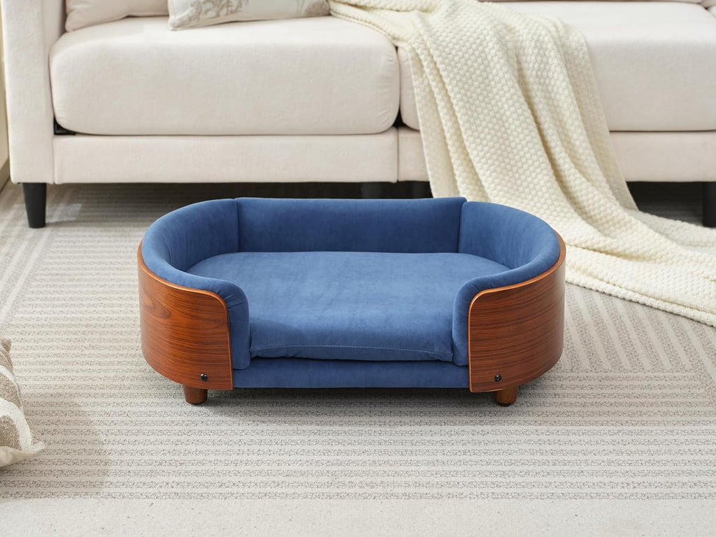 Scandinavian Style Elevated Dog Bed Pet Sofa with Solid Wood Legs and Walnut Bent Wood Back, Dark Blue Velvet, Mid Size