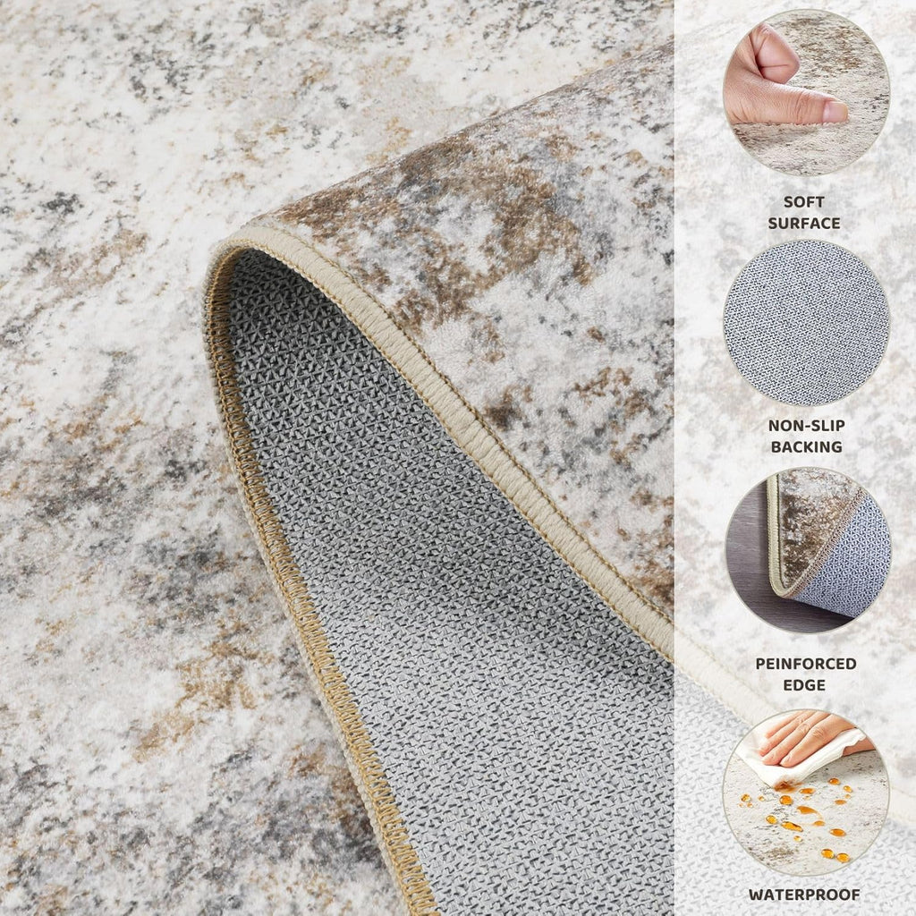 8ft Round Area Rug Living Room Rugs - 8x8 Washable Neutral Modern Abstract Soft Thin Rug Indoor Floo