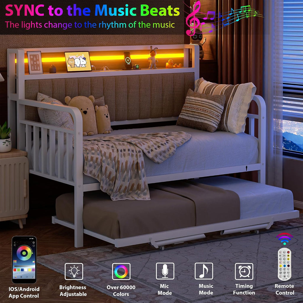 Daybed with Trundle and LED Light, Heavy Duty Metal Twin Bed Frame with Upholstered Storage Headboard & Charging