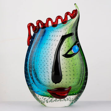 Hand Blown Art Glass Vase with face Art,Murano Glass Style,Multi-Colored