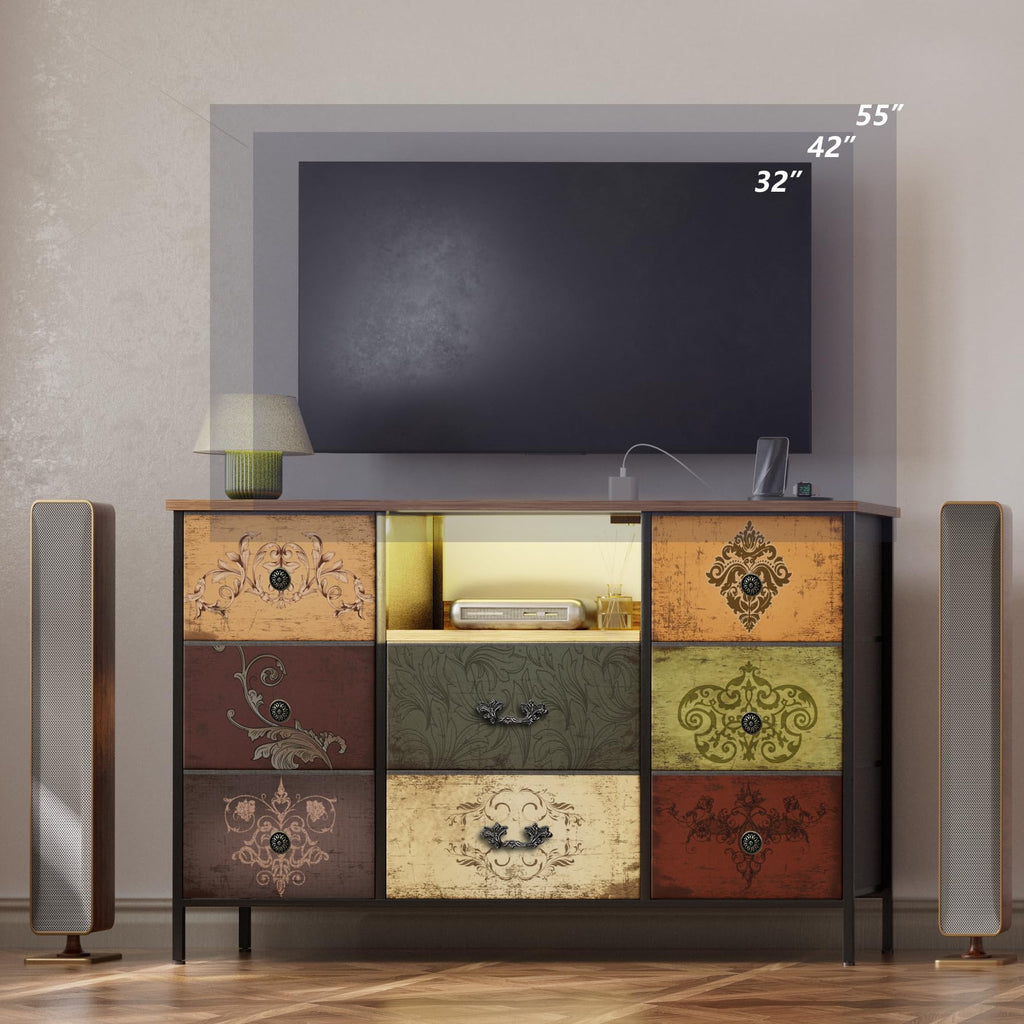 Wide TV Stand for 55" TV, Dresser with LED Lights & Power Outlets
