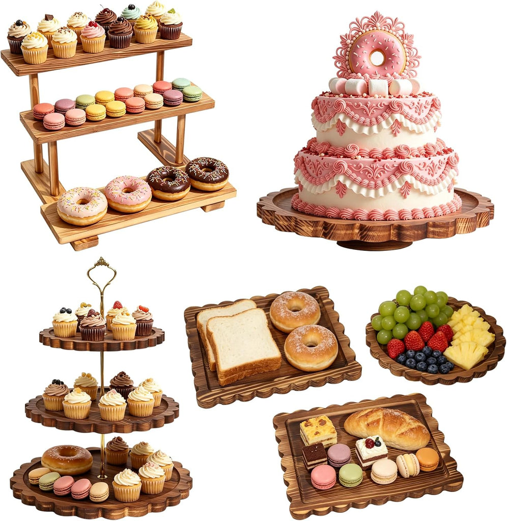 Set of 6 Wooden Dessert Display Table Set with 3-Tier Cupcake Stand | Round/Flat Platter, Cake Stand Rotating Tray