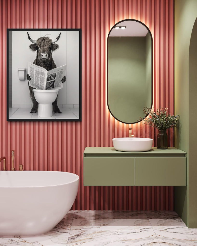Highland Cow on Toilet Bathroom Black Framed Art Print Poster, Humor Aesthetic Wall Art Painting Photo Pictures