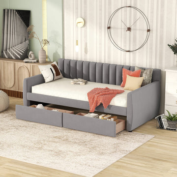 Upholstered daybed with Drawers, Wood Slat Support, Twin Size Upholstered Frame Sofa Bed, Gray
