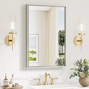 20 x 30 Inch Brushed Nickel Bathroom Mirrors for Over Sink, Beveled Rectangle Framed Mirrors for Wall, Farmhouse