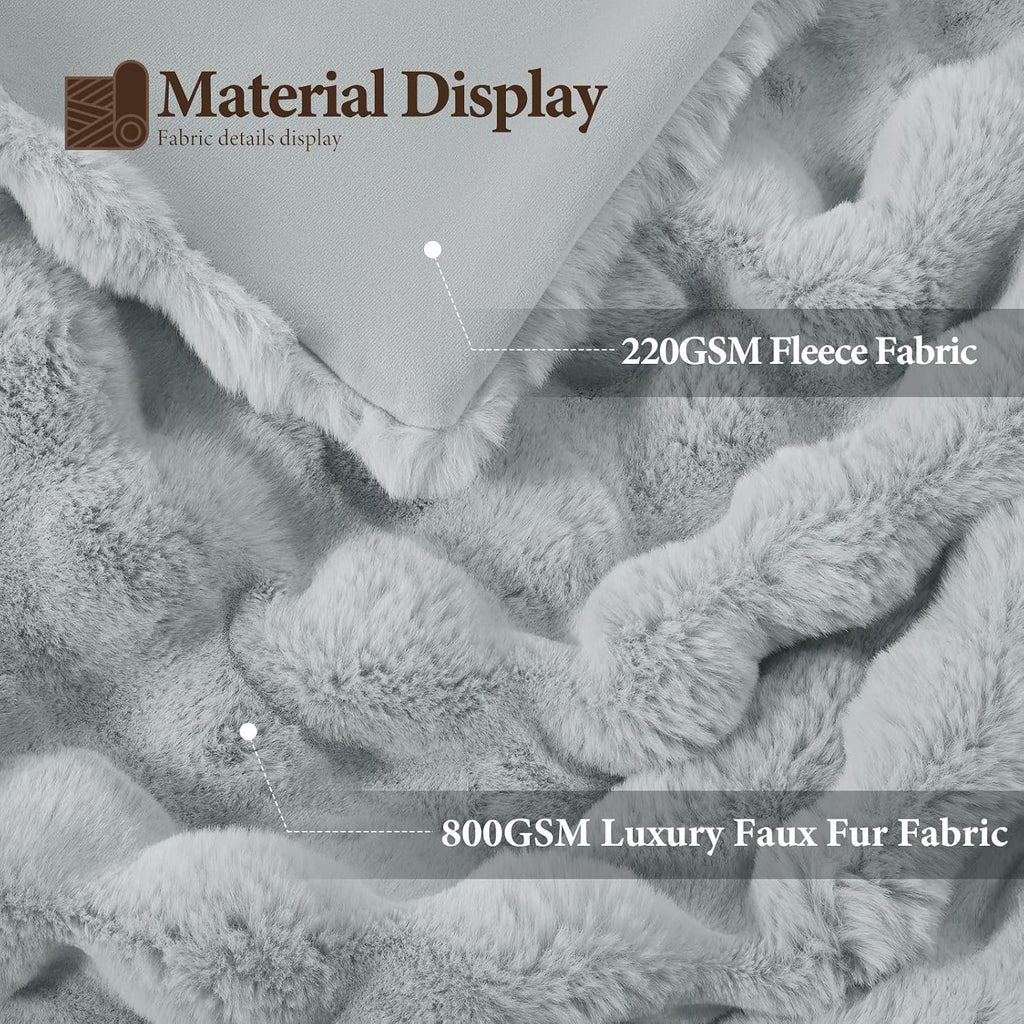 1000GSM Faux Rabbit Fur Throw Blanket, Super Heavy Warm Cozy Grey Blankets for Couch Bed Sofa, Ruched Plush Fuzzy
