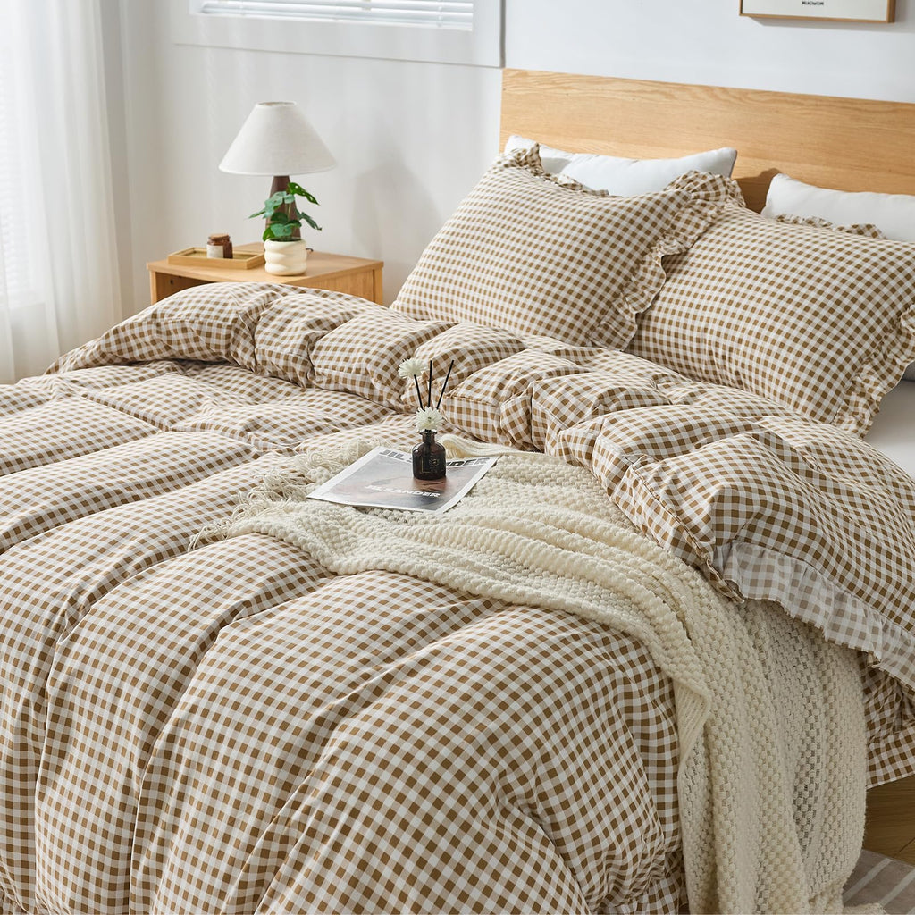 Gingham Duvet Cover, 3 Pieces Soft Breathable Microfiber Plaid Duvet Cover with Zipper Closure & 2 Pillow